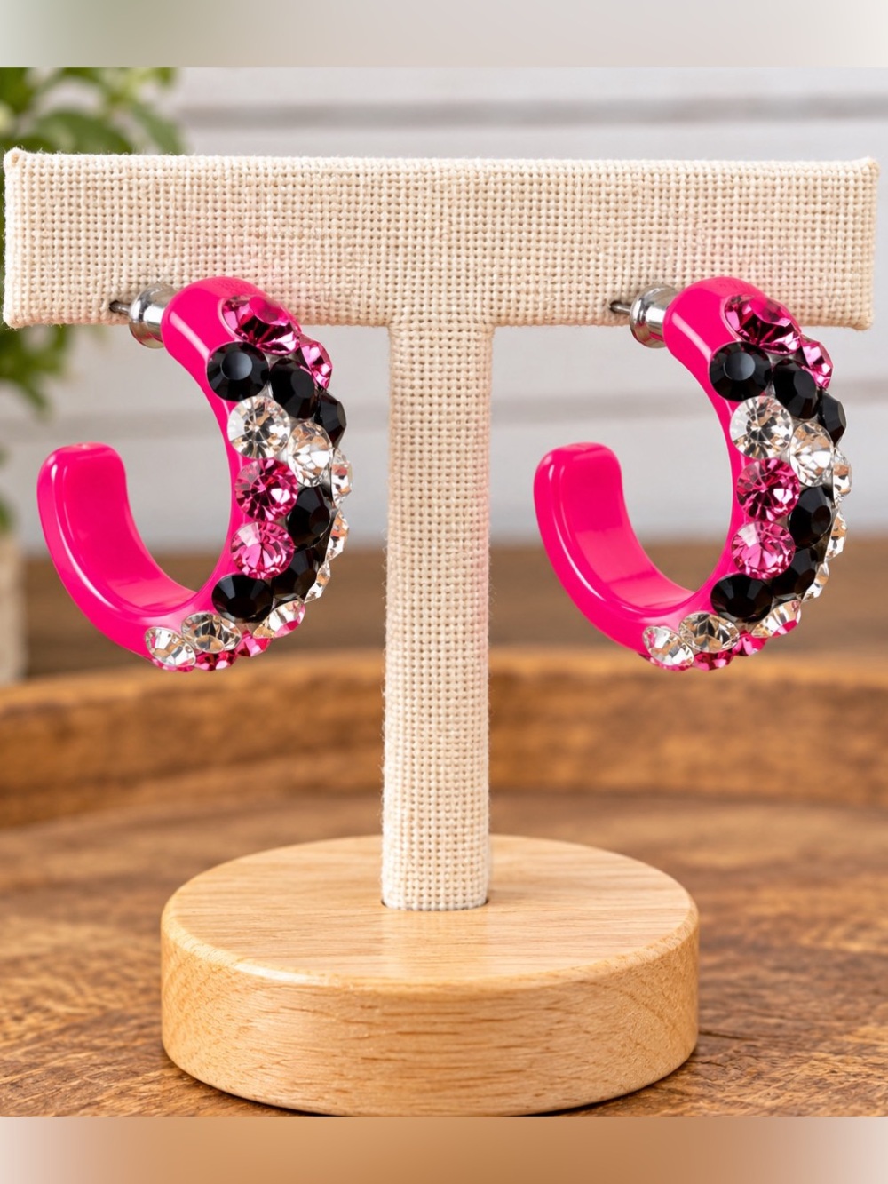 Bright Pink/ Black/ white Y2K Hoop earrings featuring rhinestone embellishments